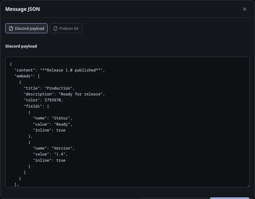JSON sheet with payload format selection, copy, download and apply controls