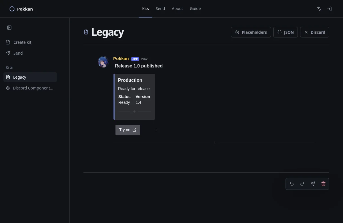 Legacy editor with an announcement and an embed containing status and version fields