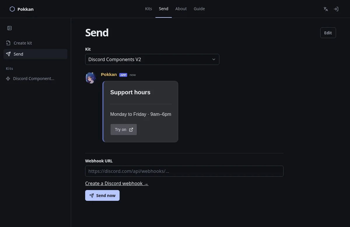 Send page showing the selected Kit, preview and webhook field
